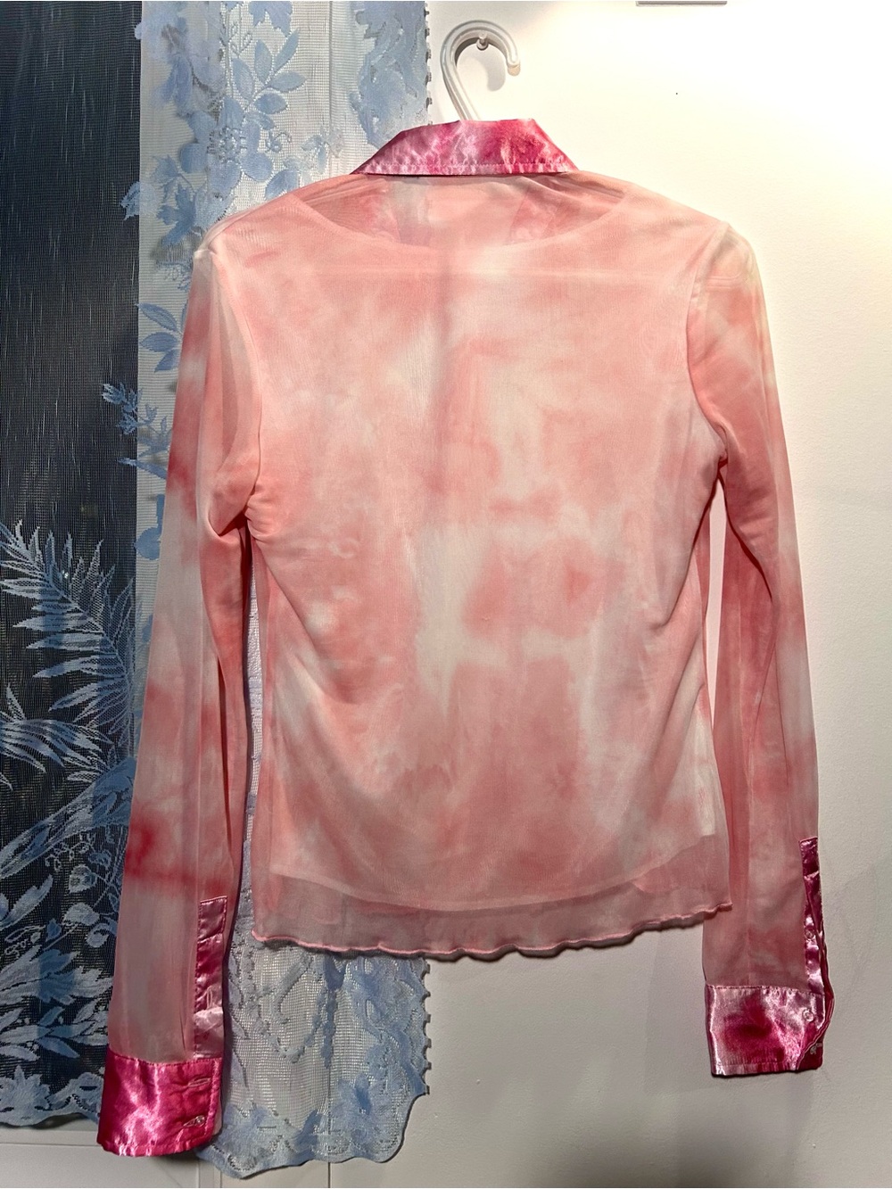 Ruffled Pink Mesh Button-Up with Satin Collar and Cuffs - Picture 3 of 4